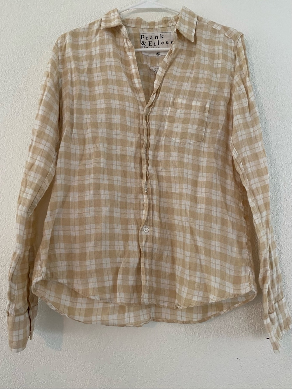 Frank & Eileen Barry 100% Italian Linen Button Up Shirt Sand Plaid Tan SZ Small